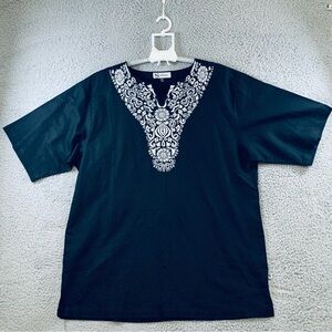 SilverSilk‎ Men's Short Sleeve Pullover Embroidered Shirt Linen Blend Black XXL